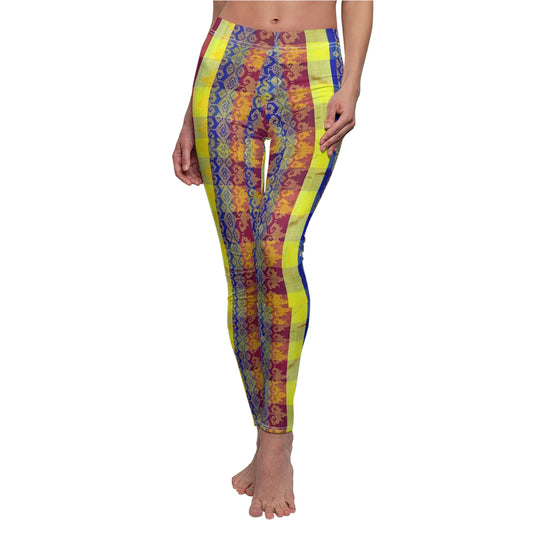 Philippines Filipino Mindanao batik Inspired Women's Cut & Sew Casual Leggings | Abstarct batik Leggings | yellow blue plaid