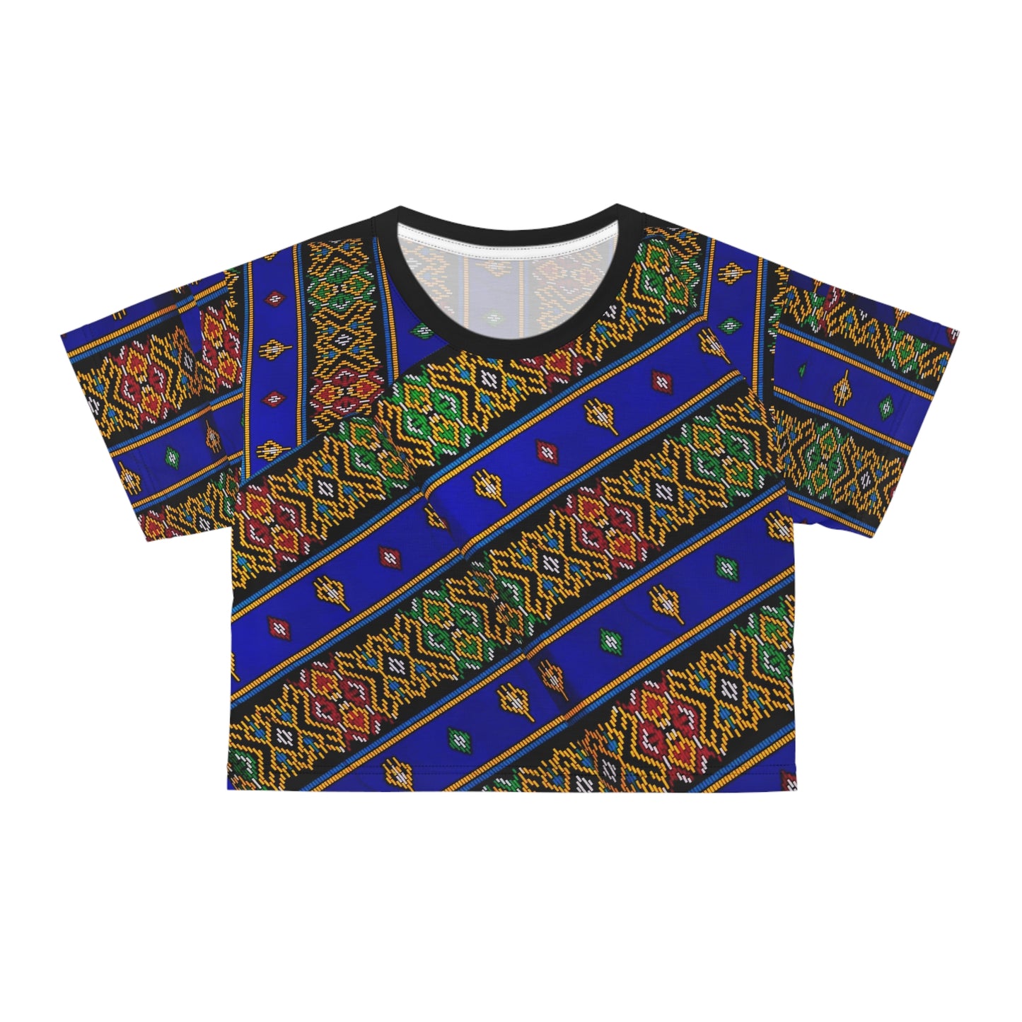 Philippines Filipino Mindanao Batik Inspired Crop Tee | Philippine womens Crsiply Printed Crop Shirt Blue batik abstract print.