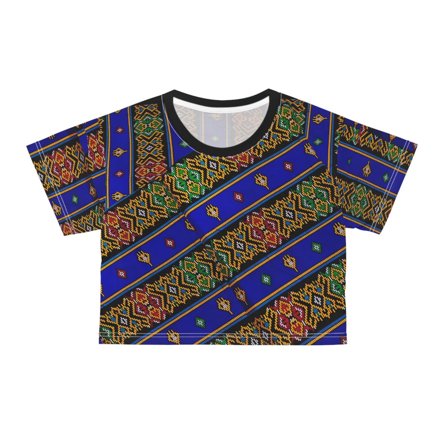 Philippines Filipino Mindanao Batik Inspired Crop Tee | Philippine womens Crsiply Printed Crop Shirt Blue batik abstract print.