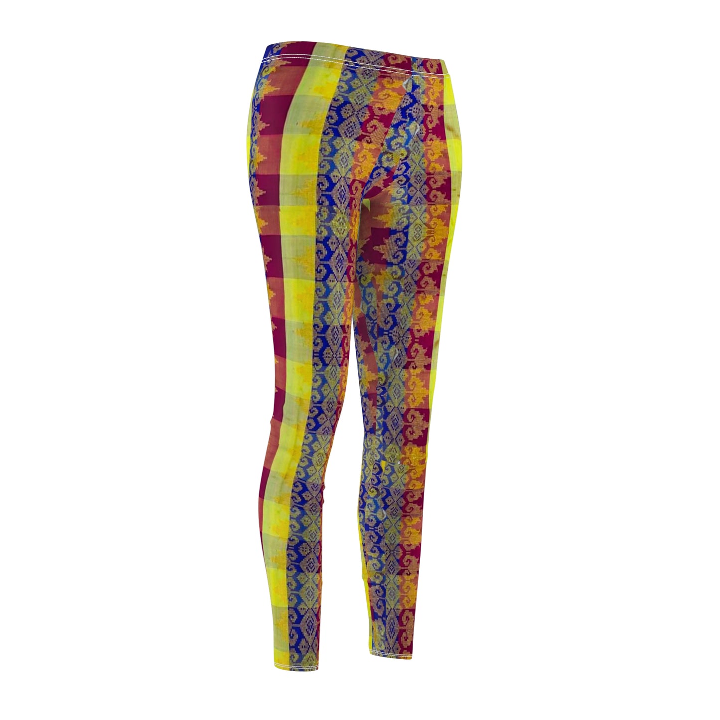 Philippines Filipino Mindanao batik Inspired Women's Cut & Sew Casual Leggings | Abstarct batik Leggings | yellow blue plaid