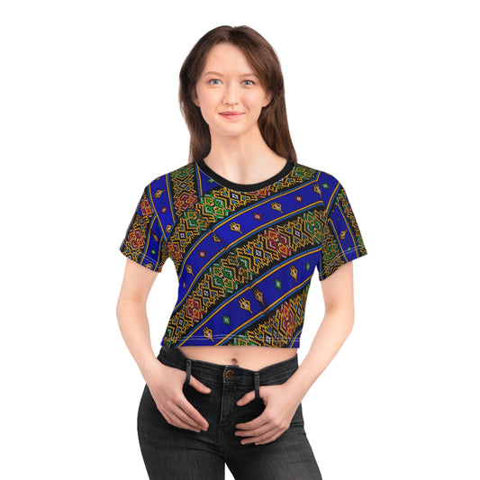Philippines Filipino Mindanao Batik Inspired Crop Tee | Philippine womens Crsiply Printed Crop Shirt Blue batik abstract print.
