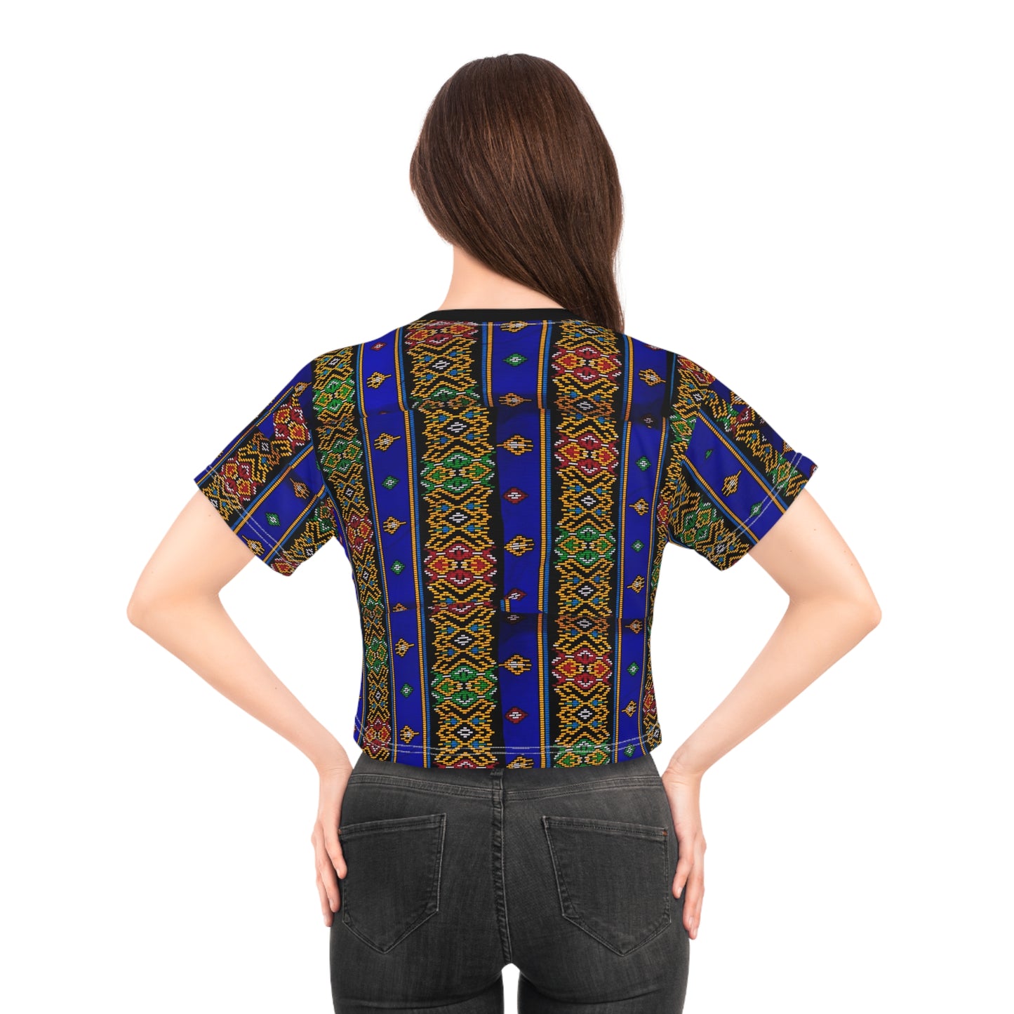 Philippines Filipino Mindanao Batik Inspired Crop Tee | Philippine womens Crsiply Printed Crop Shirt Blue batik abstract print.