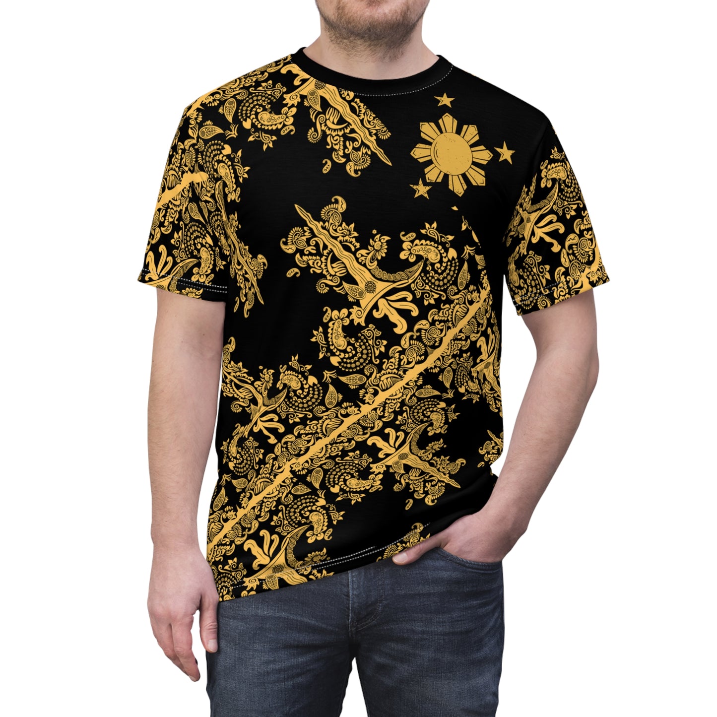 Philippine Batik inspired Unisex Cut N Sew Tee | Black Gold theme Crisply PRINTED