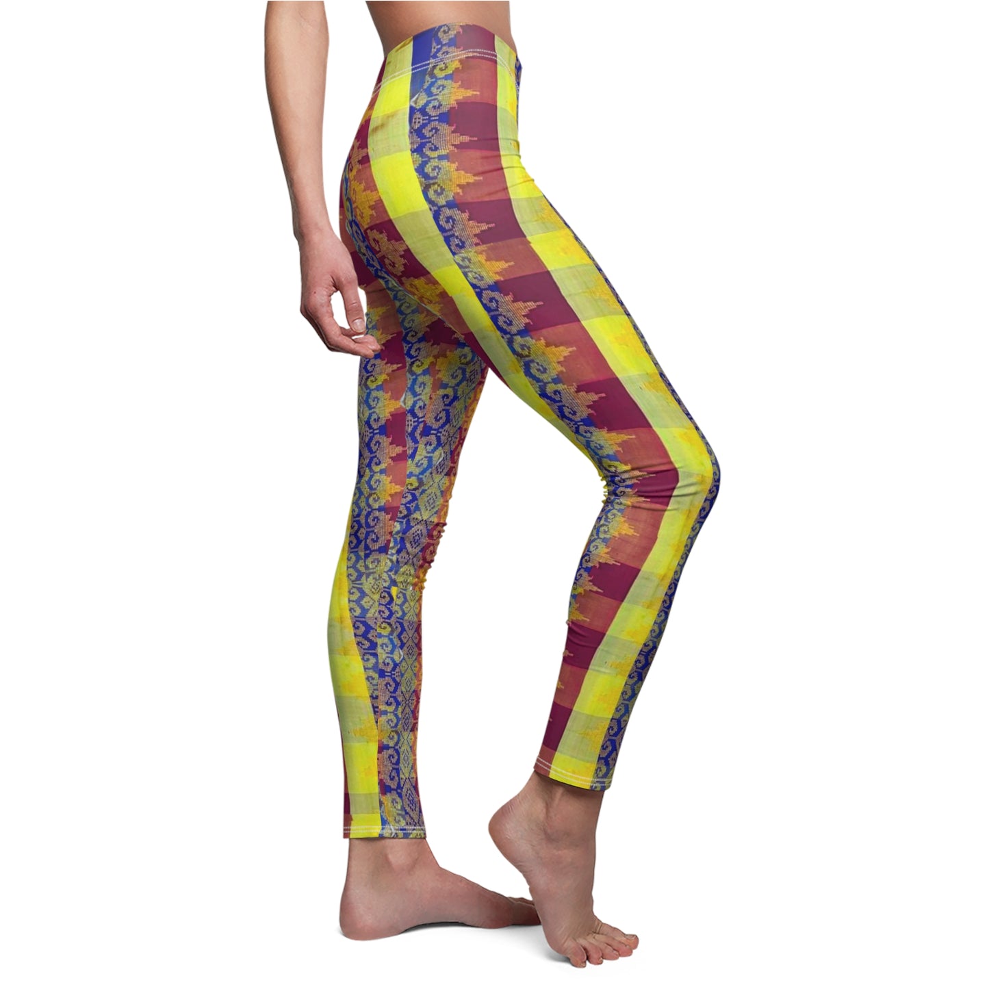 Philippines Filipino Mindanao batik Inspired Women's Cut & Sew Casual Leggings | Abstarct batik Leggings | yellow blue plaid