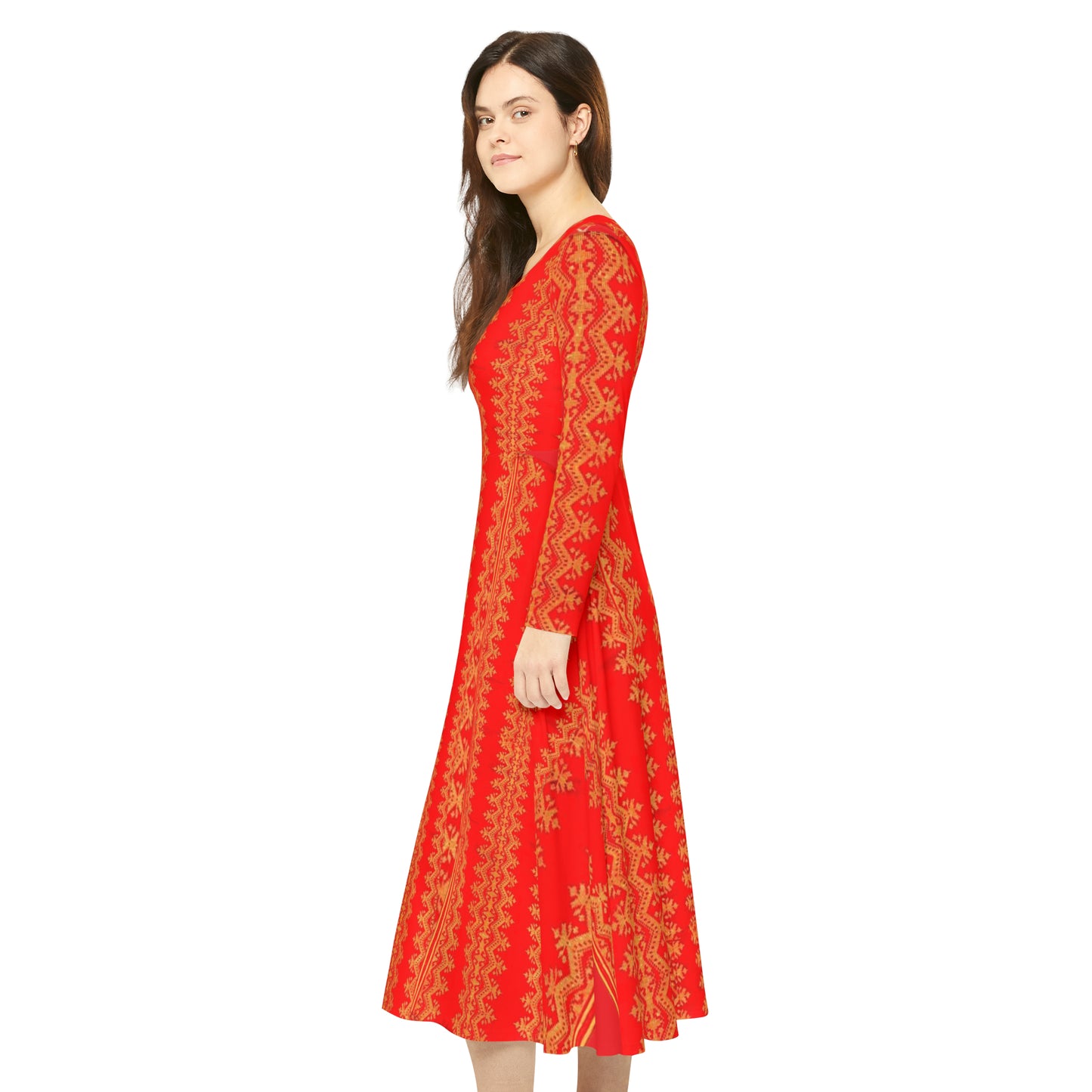 Philippines Batik Inspired Women's Long Sleeve Dress | Red Mindanao batik Inspired Womens dress| Multi Cultral Independence day Attire.