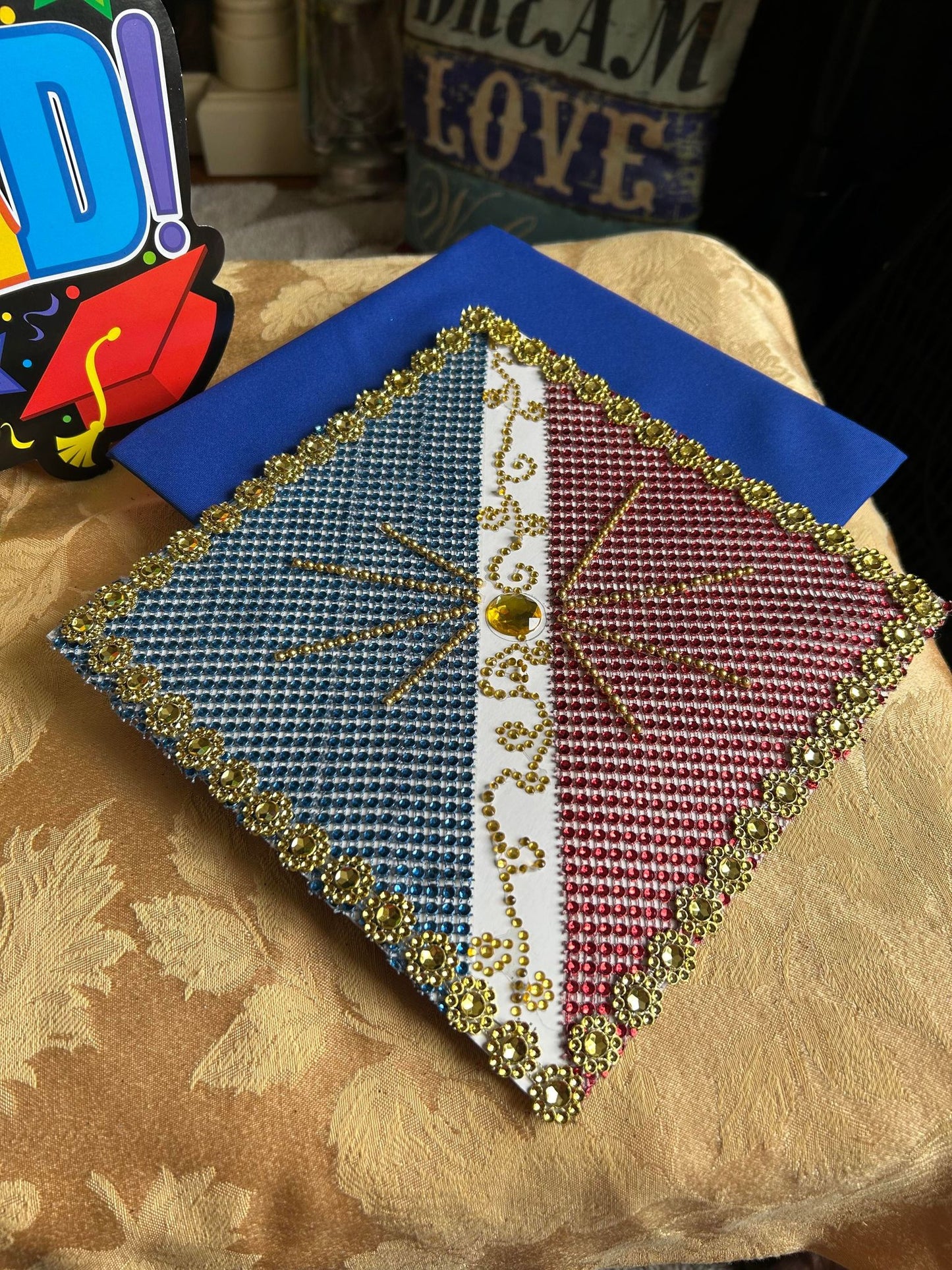 Philippine Flag theme Graduation cap cover, Filipino Flag hat cover bedazzled with blings. Class 2023, Grdauation Gift, tassel top