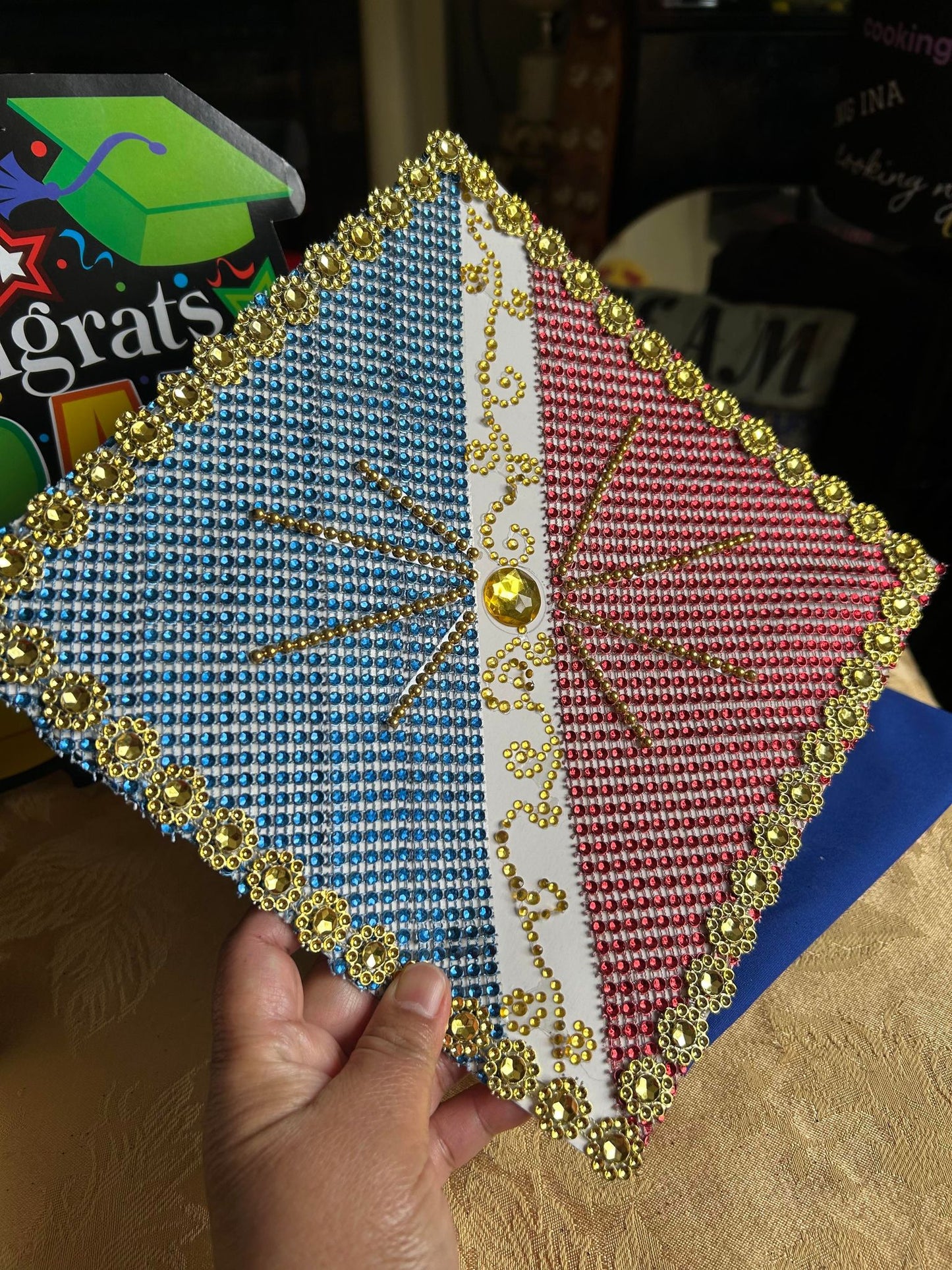 Philippine Flag theme Graduation cap cover, Filipino Flag hat cover bedazzled with blings. Class 2023, Grdauation Gift, tassel top