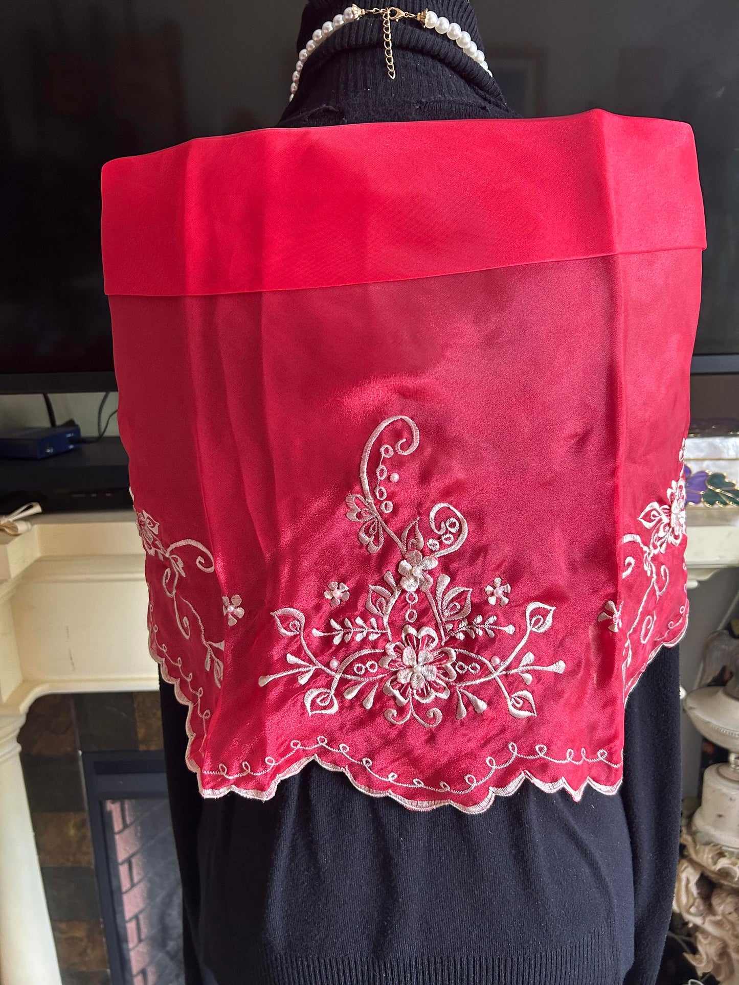 Philippines Filipino Organza Alampay| Traditional Philippine Shawl red with embroidered design Filipino formal attire. Free size.