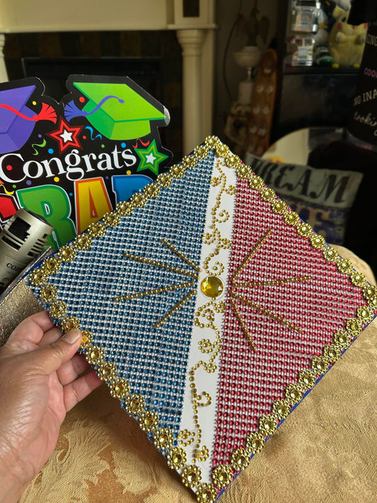 Philippine Flag theme Graduation cap cover, Filipino Flag hat cover bedazzled with blings. Class 2023, Grdauation Gift, tassel top