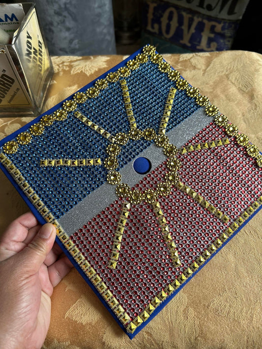 Philippine Flag theme Graduation cap cover, Filipino Flag hat cover bedazzled with blings. Class 2023, Graduation Gift, tassel top