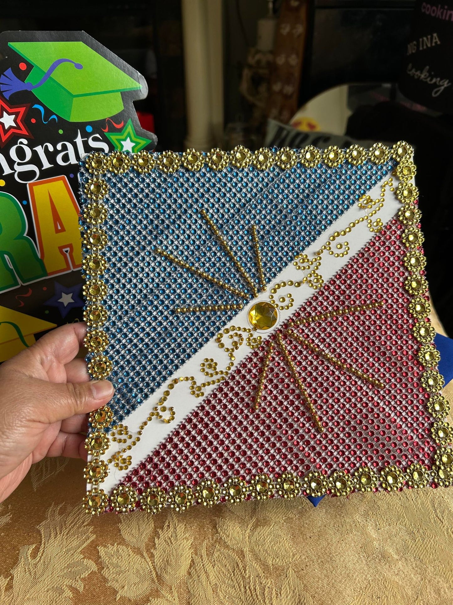 Philippine Flag theme Graduation cap cover, Filipino Flag hat cover bedazzled with blings. Class 2023, Grdauation Gift, tassel top