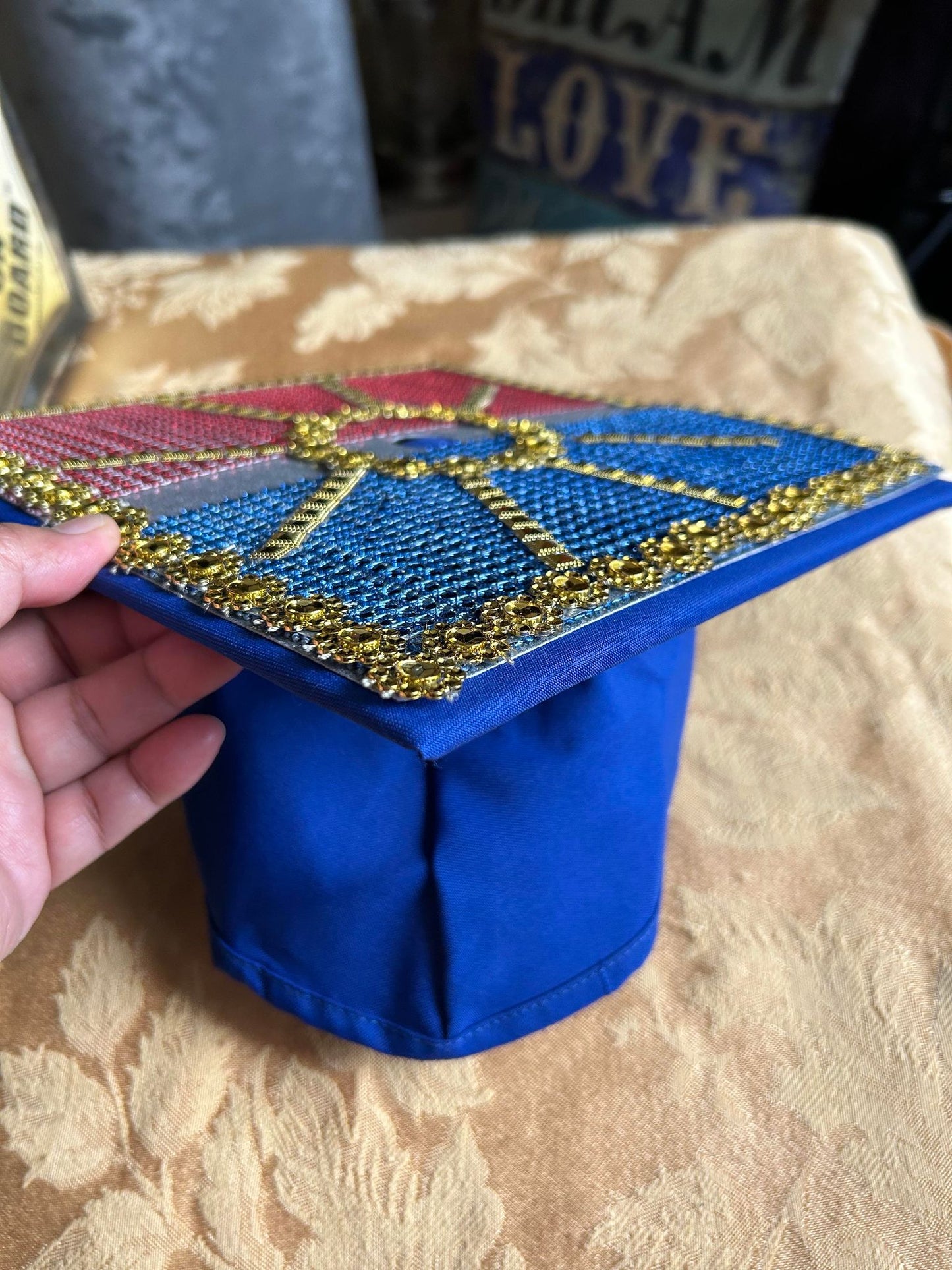 Philippine Flag theme Graduation cap cover, Filipino Flag hat cover bedazzled with blings. Class 2023, Graduation Gift, tassel top