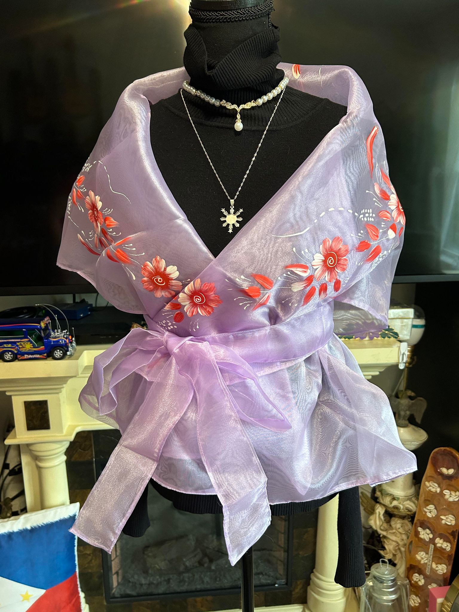 modern filipiniana dress with shawl WA15 - Cutwork Alampay Beige