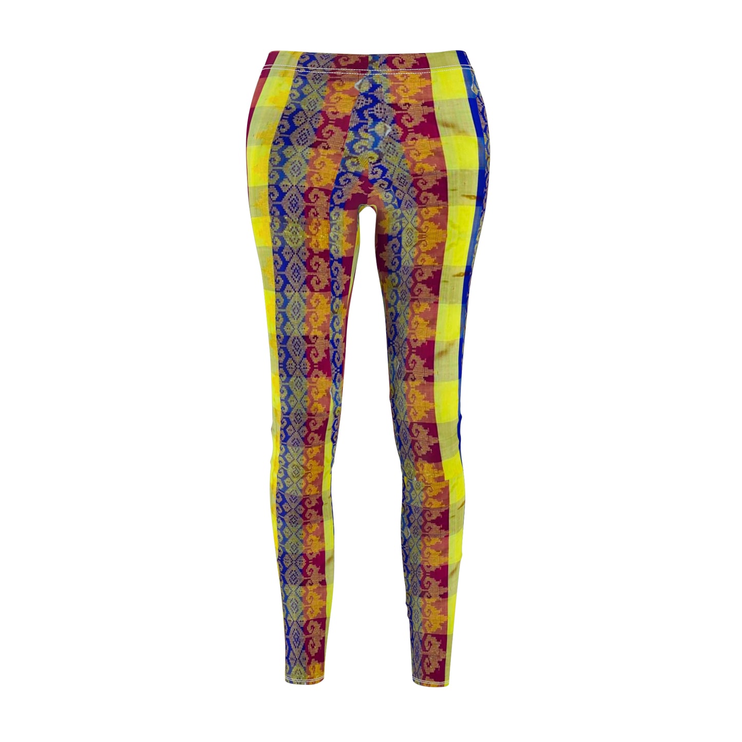 Philippines Filipino Mindanao batik Inspired Women's Cut & Sew Casual Leggings | Abstarct batik Leggings | yellow blue plaid