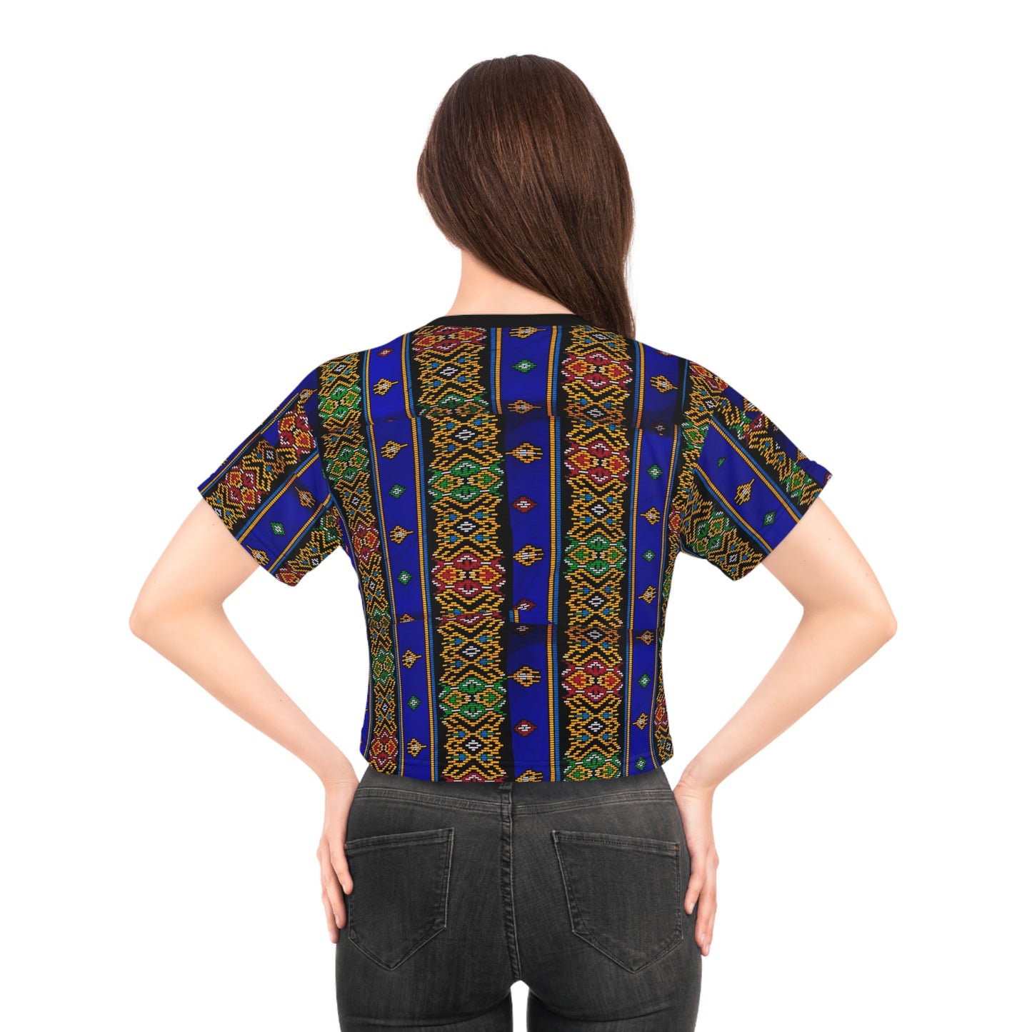 Philippines Filipino Mindanao Batik Inspired Crop Tee | Philippine womens Crsiply Printed Crop Shirt Blue batik abstract print.