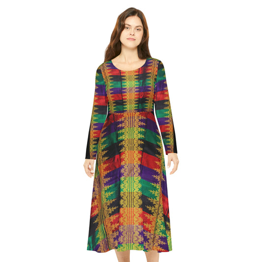 Philippines Filipino Crisply PRINTED Batik inspired Women's Long Sleeve Dance Dress | Mindanao Batik Multi Cultural Costume