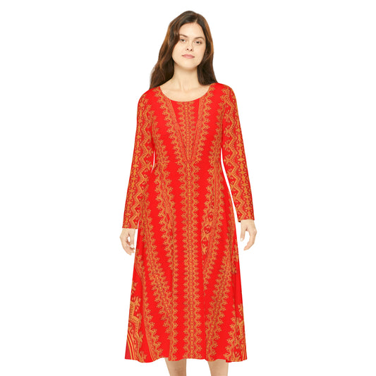 Philippines Batik Inspired Women's Long Sleeve Dress | Red Mindanao batik Inspired Womens dress| Multi Cultral Independence day Attire.