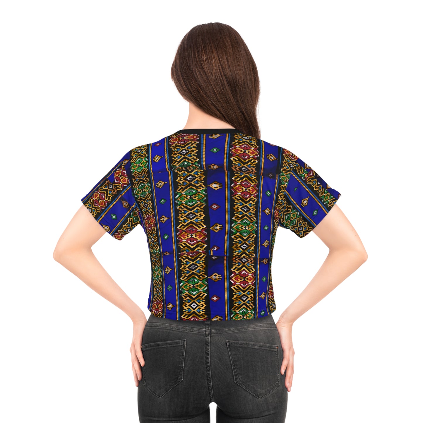 Philippines Filipino Mindanao Batik Inspired Crop Tee | Philippine womens Crsiply Printed Crop Shirt Blue batik abstract print.