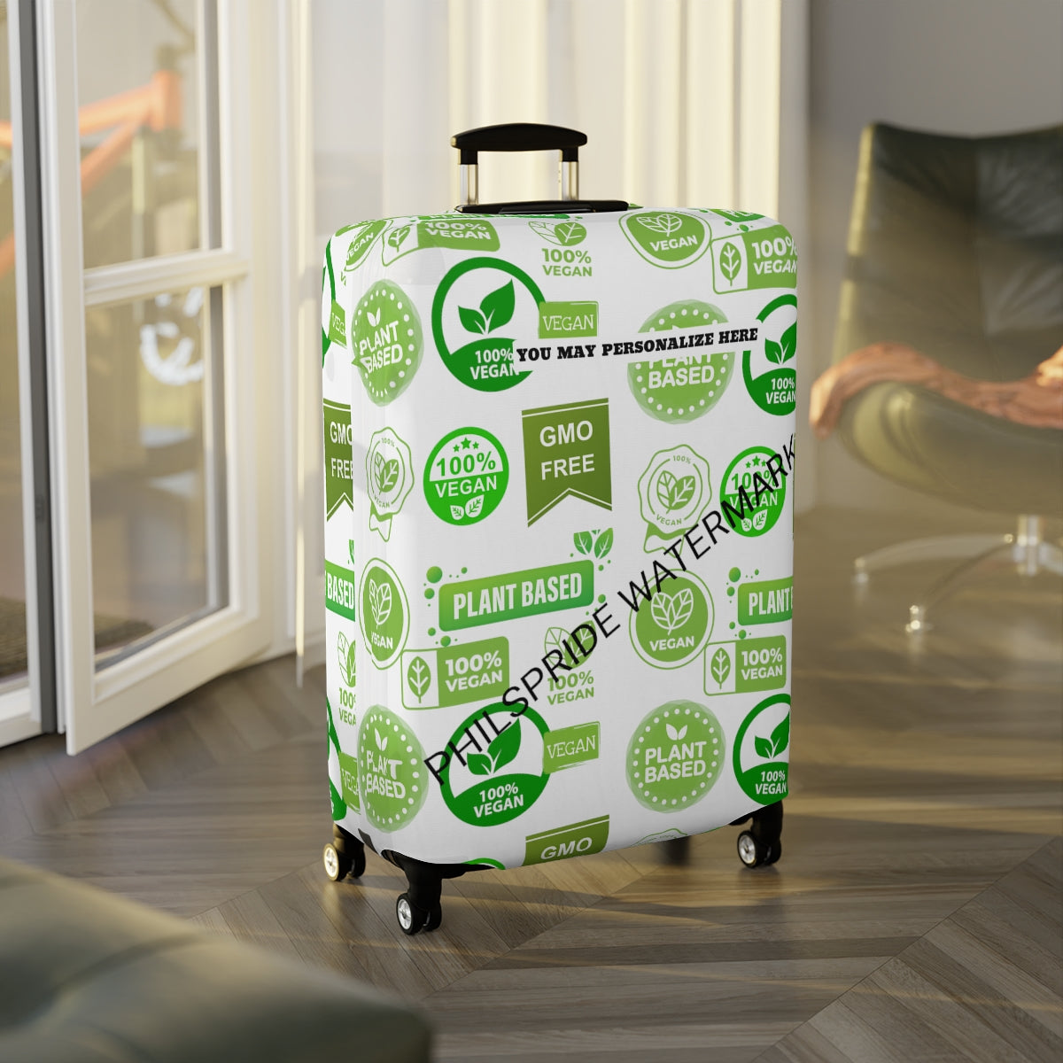 Vegan Vegitarian Luggage Cover | personalized Suitcase Protector | Crisply Printed , Washable.