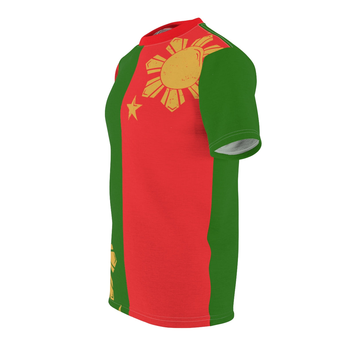 Philippine Inspired Red and Green Shirt with 3 stars and sun.