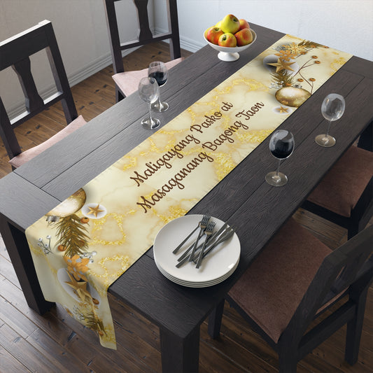 Filipino Christmas Maligayang Pasko Gold & Ornamentt Theme Table Runner (Cotton, Poly) | Filipino Holiday Table Runner
