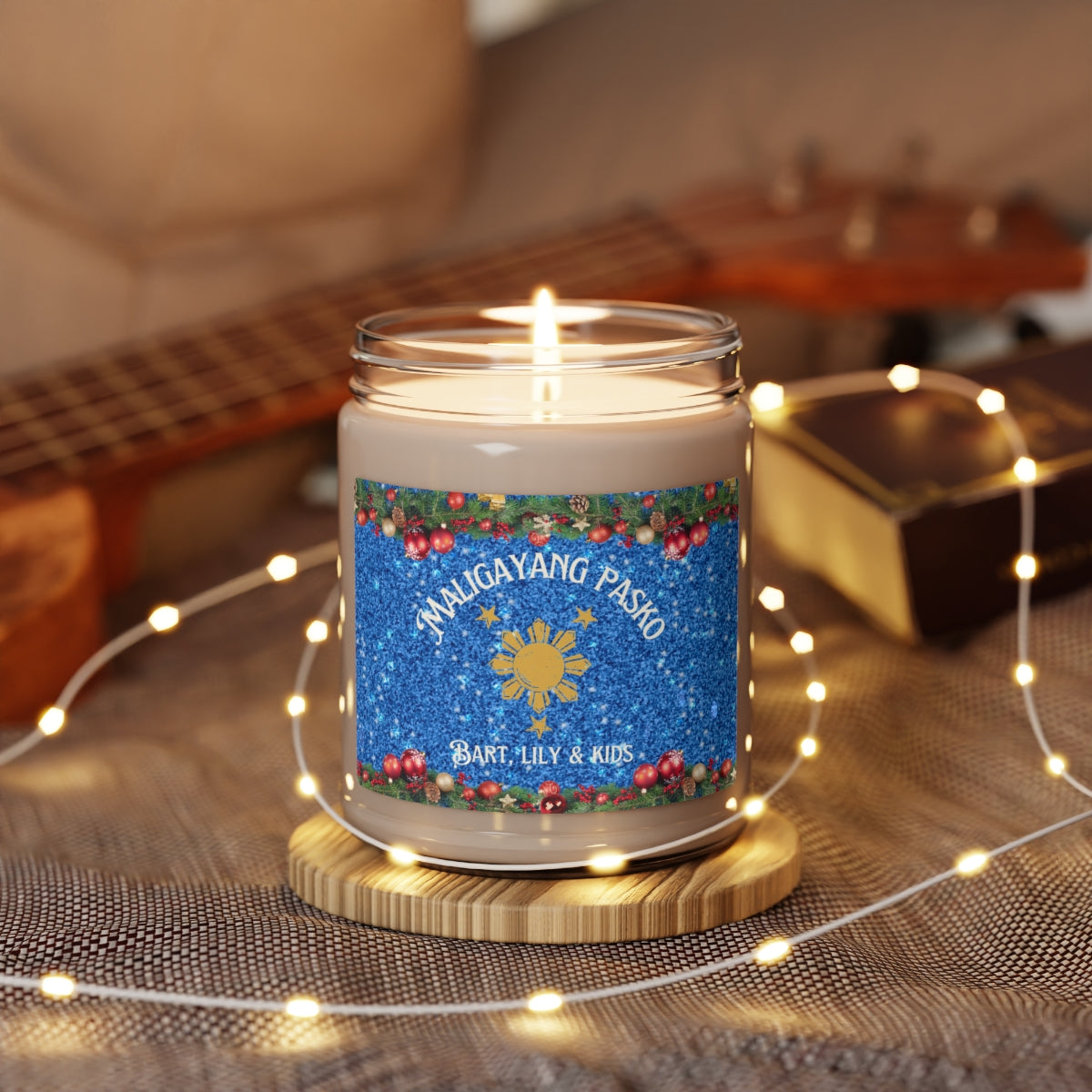 Personalized Filipino Scented Candle | Maligayang Pasko at Masaganang Bagong Taon Scented Soy Candle, 9oz Blue theme