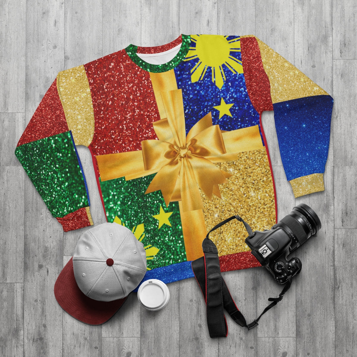 Filipino Sun and Star Ugly Sweater | Gift with ribbon sun and star theme Christmas Pullover | One of a kind Funny Holiday Sweater