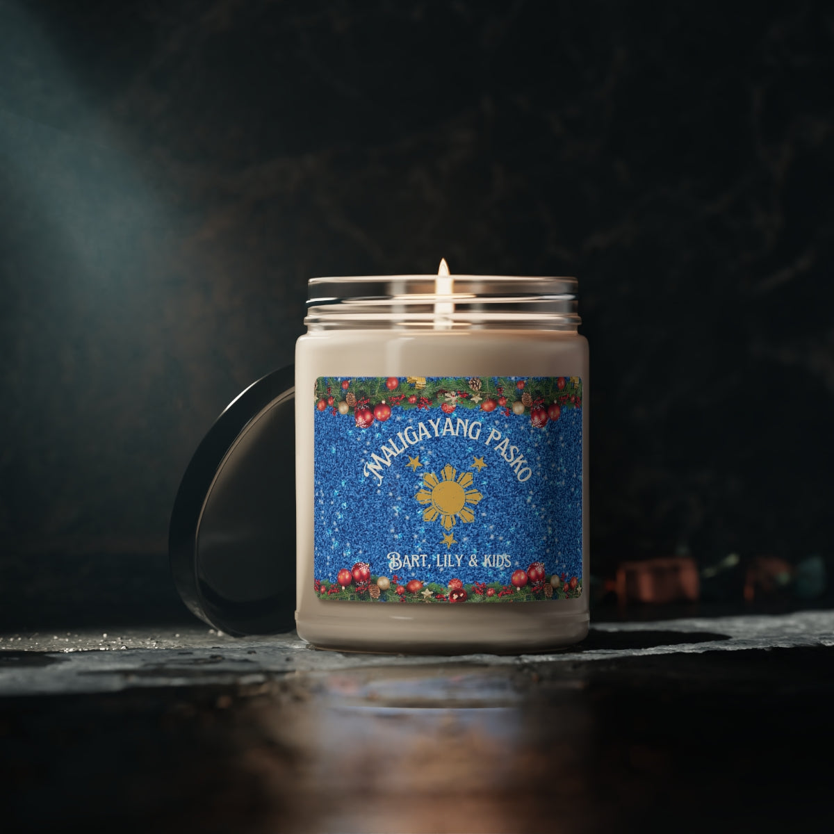 Personalized Filipino Scented Candle | Maligayang Pasko at Masaganang Bagong Taon Scented Soy Candle, 9oz Blue theme