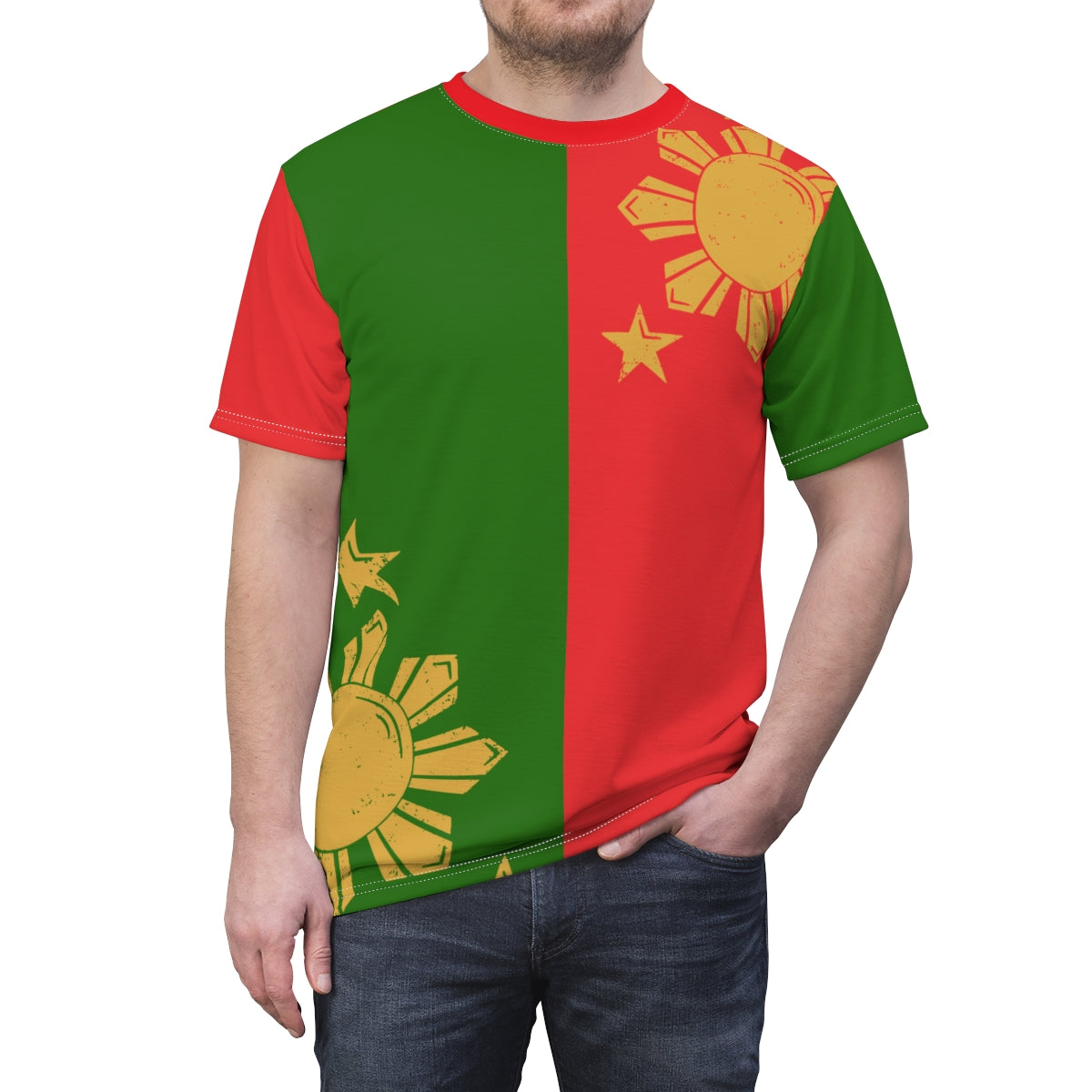 Philippine Inspired Red and Green Shirt with 3 stars and sun.