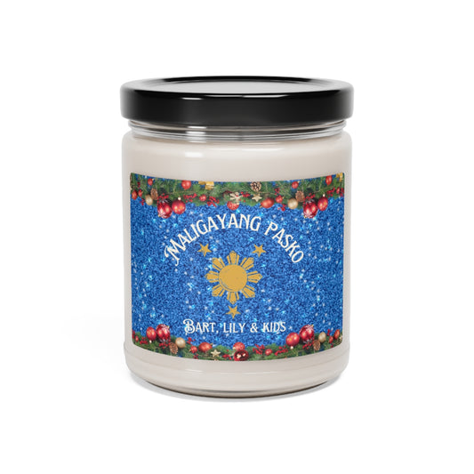 Personalized Filipino Scented Candle | Maligayang Pasko at Masaganang Bagong Taon Scented Soy Candle, 9oz Blue theme