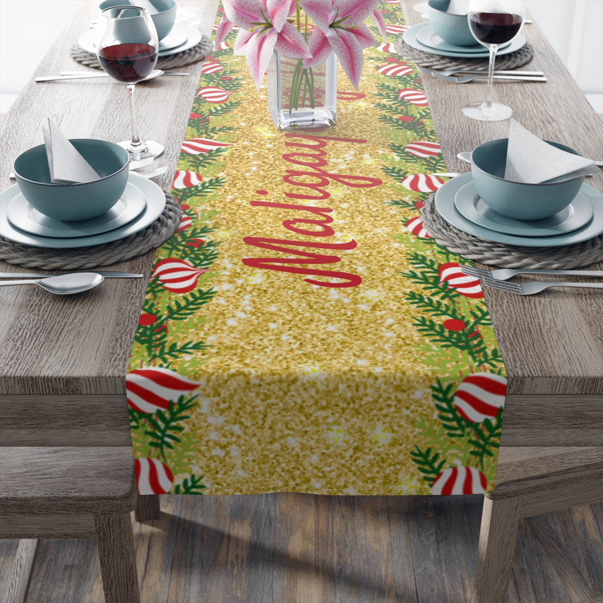 Philippines Filipino Christmas Maligayang Pasko Gold themed Table Runner (Cotton, Poly)