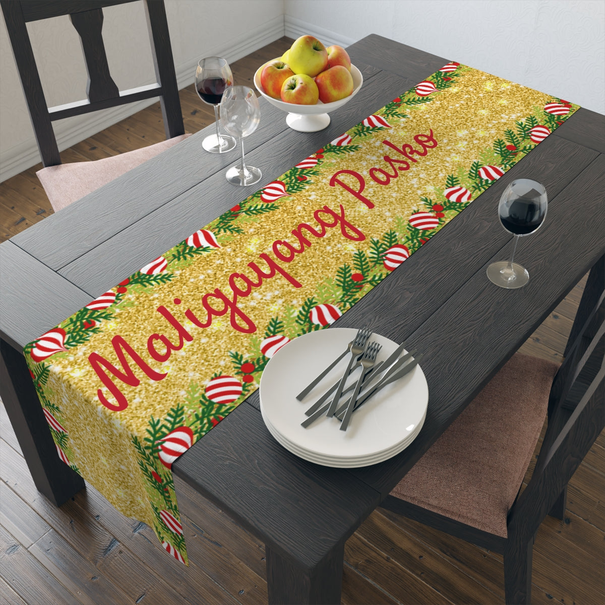 Philippines Filipino Christmas Maligayang Pasko Gold themed Table Runner (Cotton, Poly)