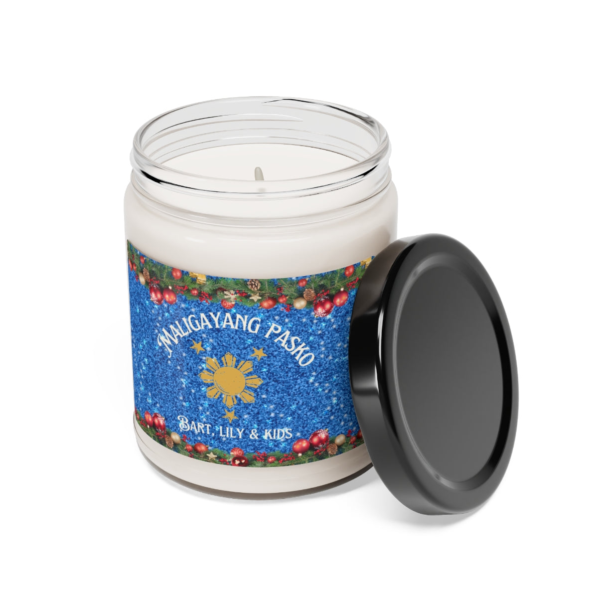 Personalized Filipino Scented Candle | Maligayang Pasko at Masaganang Bagong Taon Scented Soy Candle, 9oz Blue theme