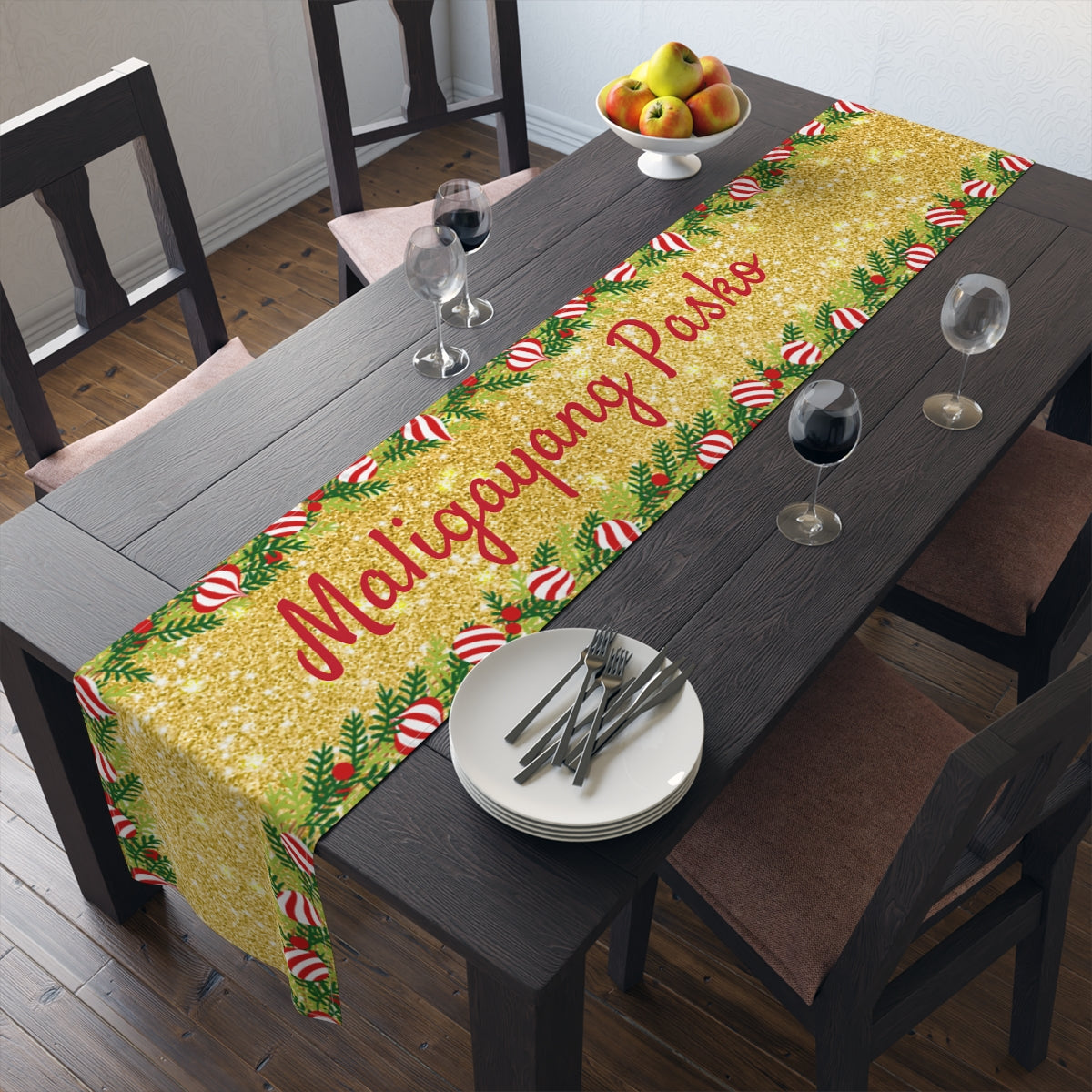 Philippines Filipino Christmas Maligayang Pasko Gold themed Table Runner (Cotton, Poly)