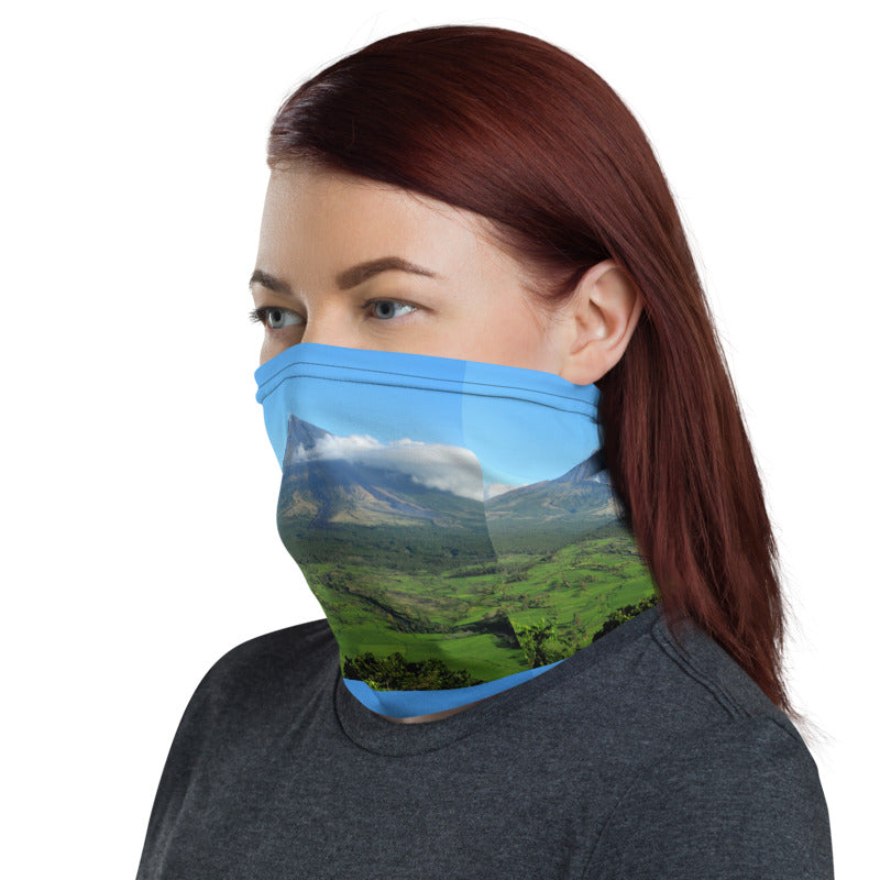 Philippines Mayon Volcano Unique Face covering, face mask, neck gaiter and head band in one.