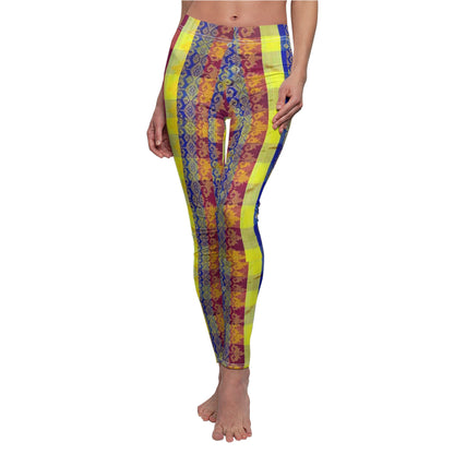 Philippines Filipino Mindanao batik Inspired  Women's Cut & Sew Casual Leggings | Abstarct batik Leggings | yellow blue plaid