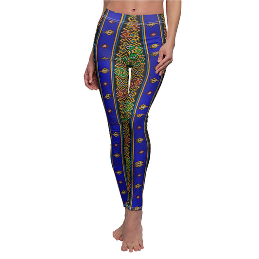 Philippines Filipino Mindanao batik Inspired  Women's Cut & Sew Casual Leggings | Abstract blue themed   batik Leggings