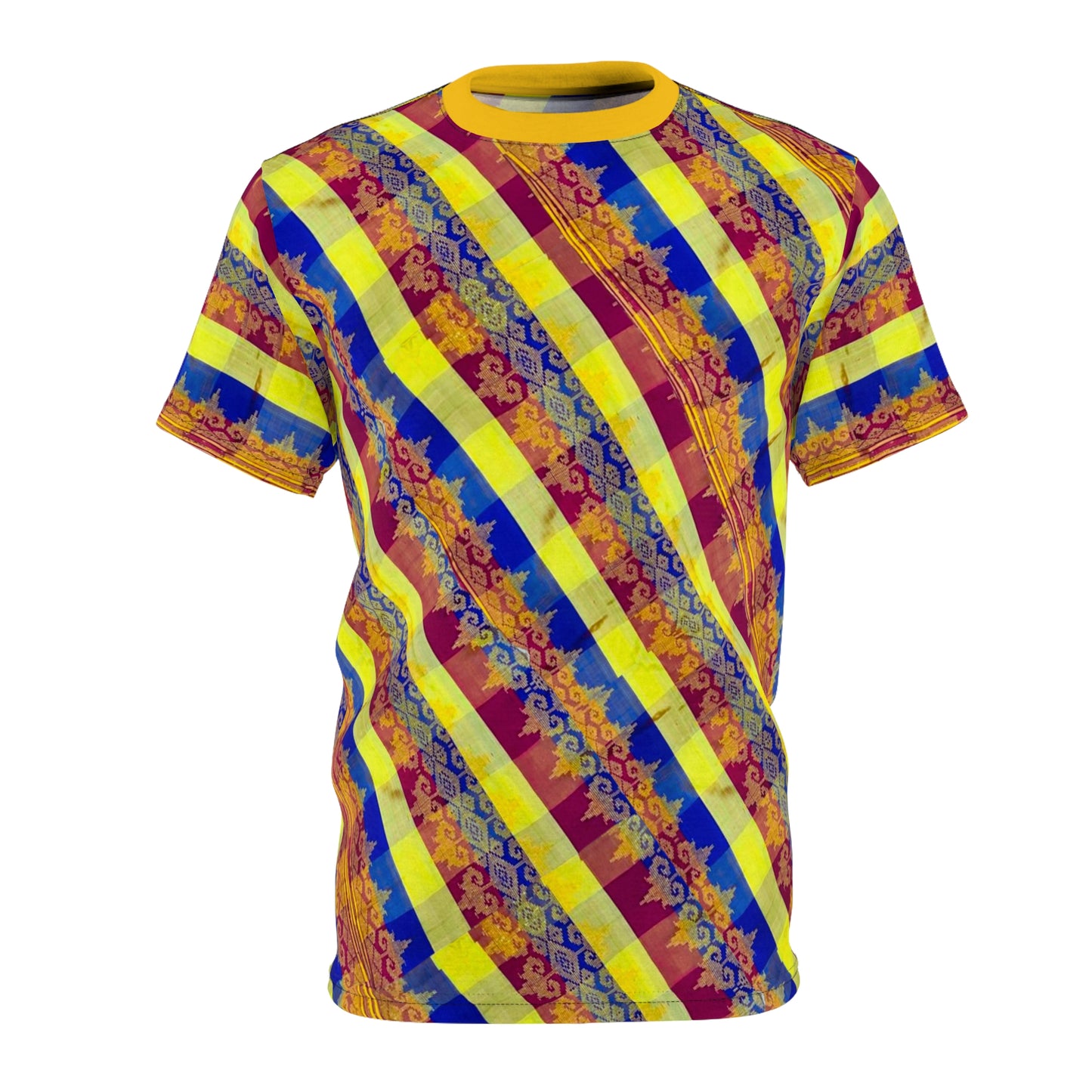 Philippine Batik Inspired  Red  yellow blue Plaid Unisex Cut & Sew Tee | Filipino Mindanao batik