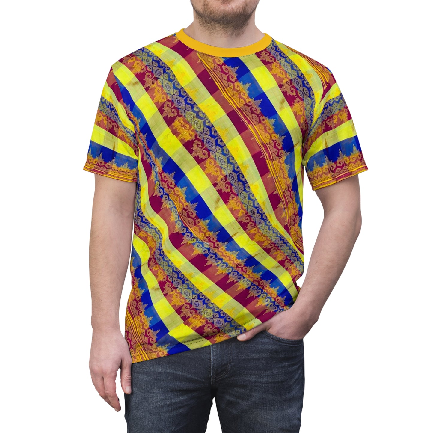 Philippine Batik Inspired  Red  yellow blue Plaid Unisex Cut & Sew Tee | Filipino Mindanao batik