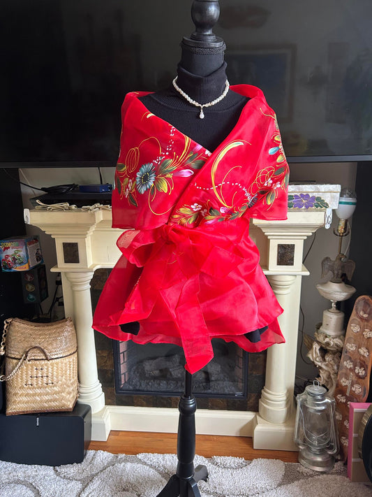 Philippines Filipino Red Organza Alampay| Handpainted Wrap Around Shawl | Filipiniana Costume| Graduation Wedding Independence day clothing.