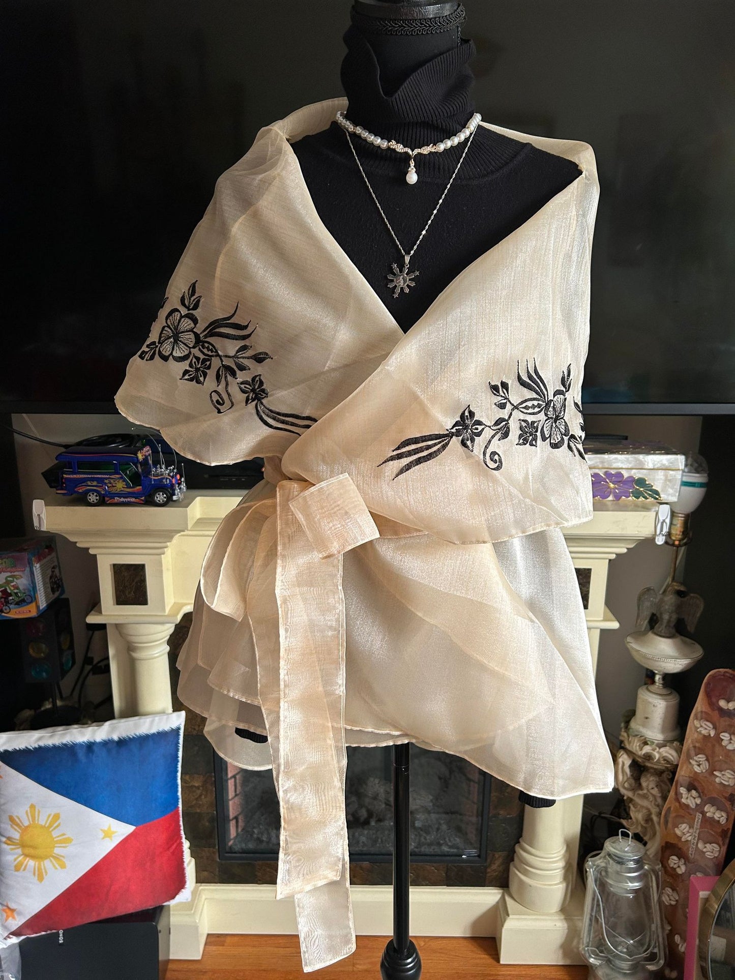 Philippines Filipiniana Alampay | Wrap Around Beige Organza Shawl with Black Embroidered design| Filipino Formal Tops| Wedding Graduation