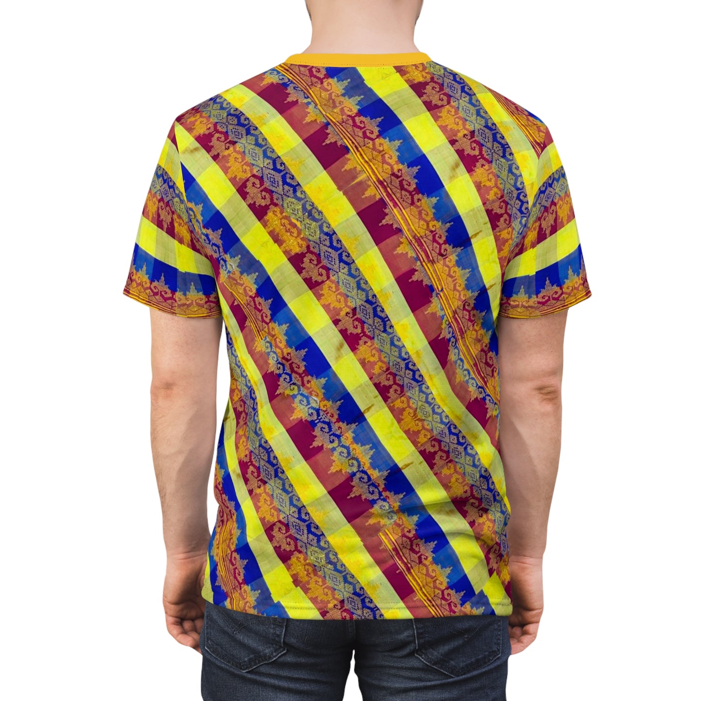 Philippine Batik Inspired  Red  yellow blue Plaid Unisex Cut & Sew Tee | Filipino Mindanao batik