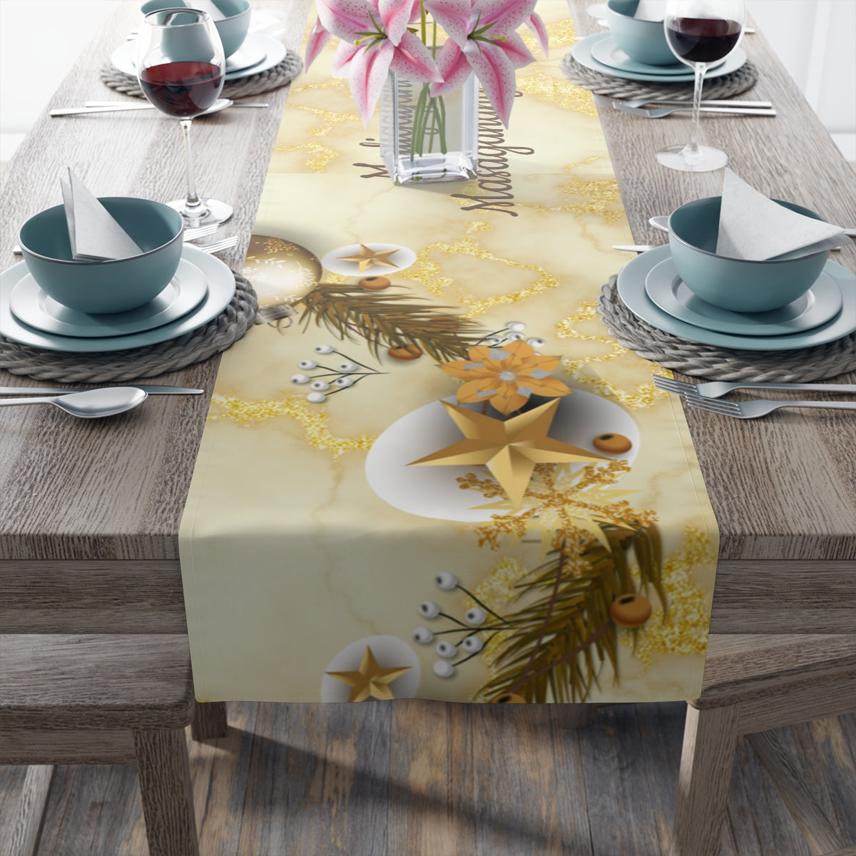 Filipino Christmas Maligayang Pasko  Gold & Ornamentt Theme Table Runner (Cotton, Poly) | Filipino Holiday Table Runner