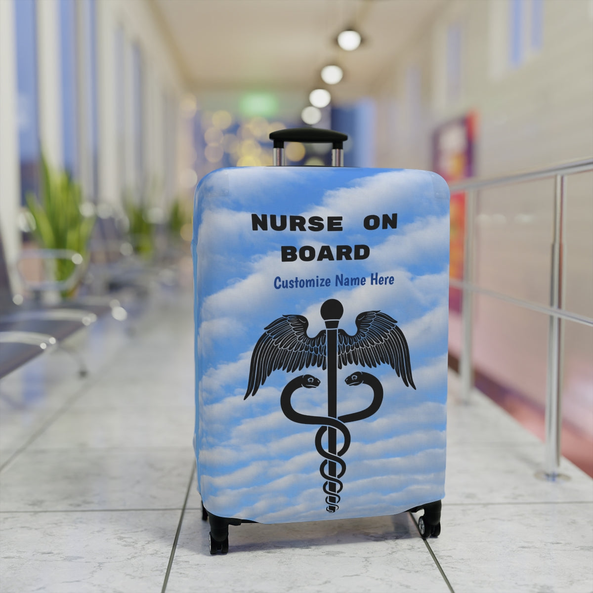 Personalized  Nurse on Board Luggage Cover | Unique  Suitcase Protector | Crisply Printed , Washable.