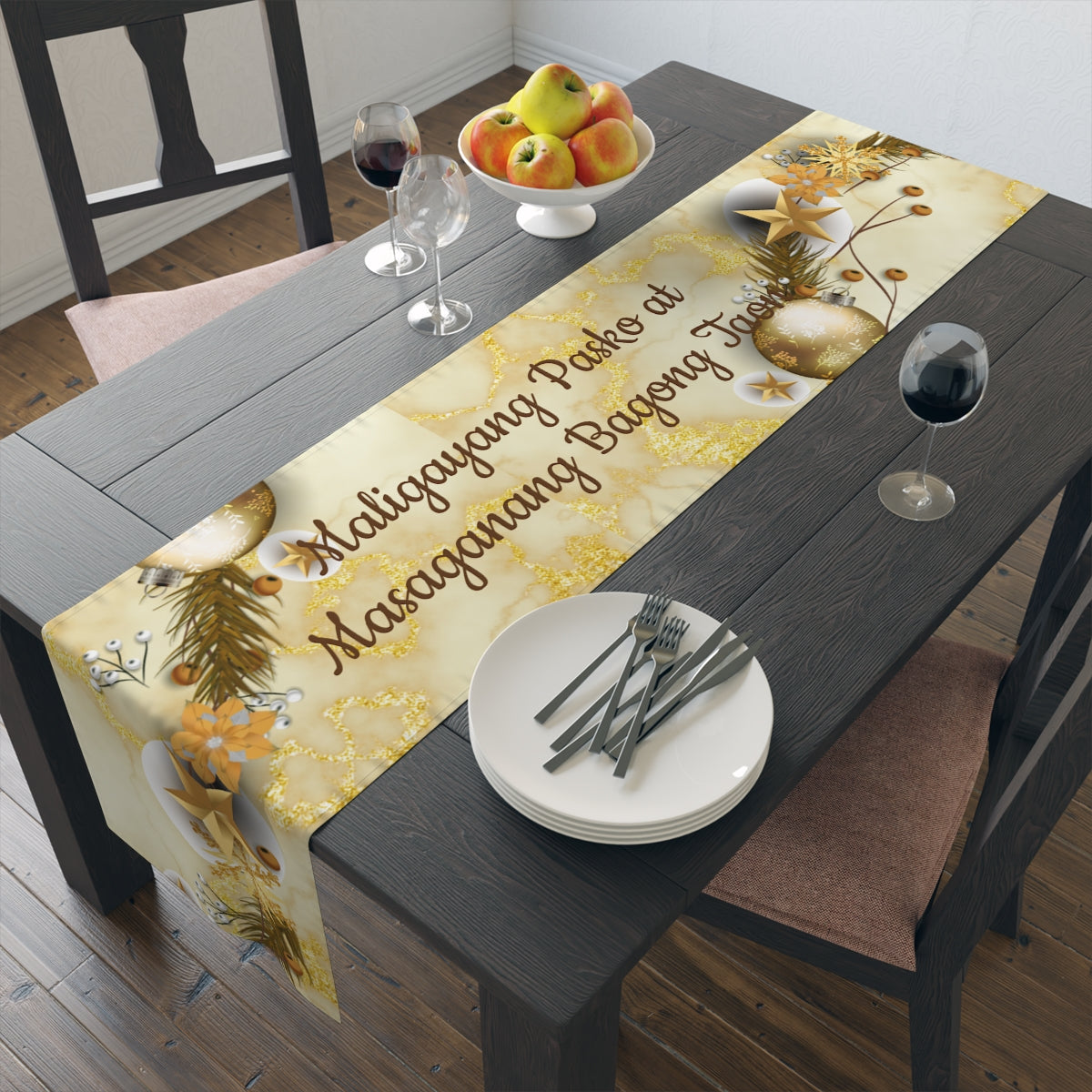 Filipino Christmas Maligayang Pasko  Gold & Ornamentt Theme Table Runner (Cotton, Poly) | Filipino Holiday Table Runner
