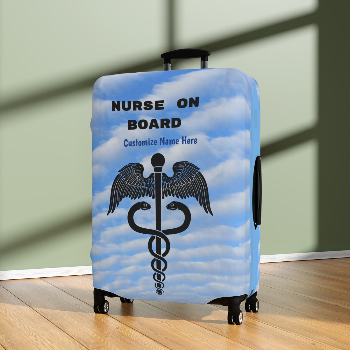 Personalized  Nurse on Board Luggage Cover | Unique  Suitcase Protector | Crisply Printed , Washable.