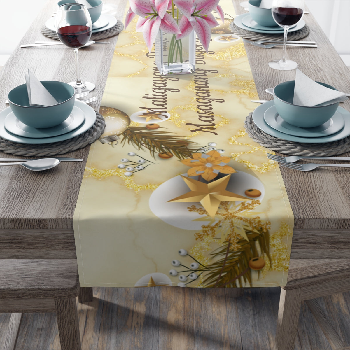 Filipino Christmas Maligayang Pasko  Gold & Ornamentt Theme Table Runner (Cotton, Poly) | Filipino Holiday Table Runner