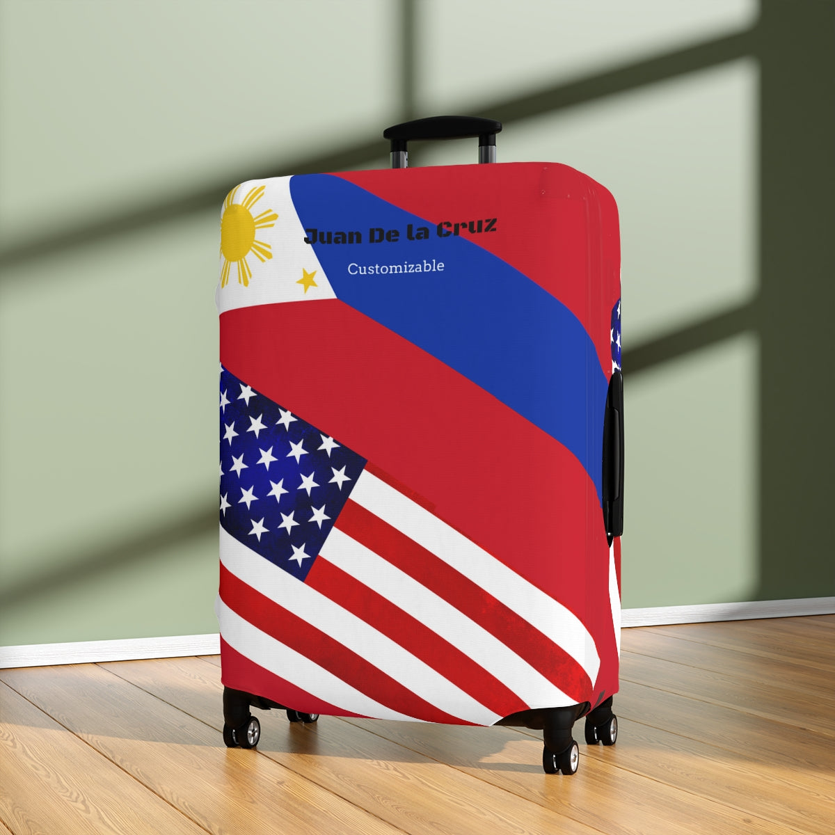 Personalized Mixed Philippines USA Flag theme Luggage Cover | Suitcase Protector | Crisply Printed , Washable.